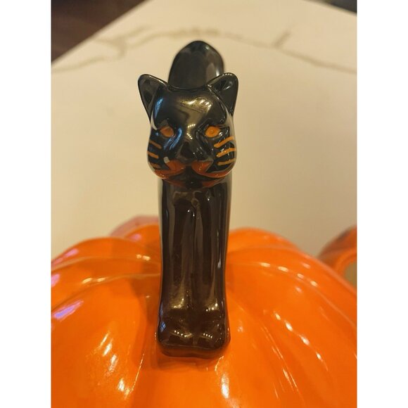 NEIMAN MARCUS  BLACK CAT BLACK BAT MOTIF HALLOWEEN PUMPKIN COOKIE JAR RARE read - Picture 10 of 13